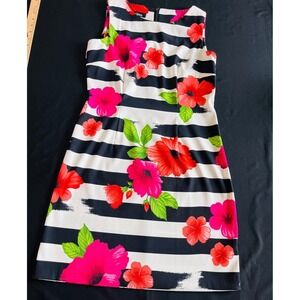 AGB Black and White Striped Dress with Red and Pink Floral Accents